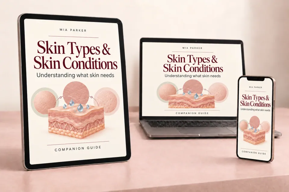 Product preview of the guide: Skin Types & Skin Conditions on a tablet, computer and phone