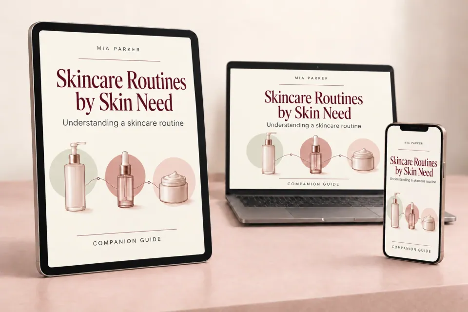 Product preview of the guide: Skincare Routines by Skin Need on a tablet, computer and phone