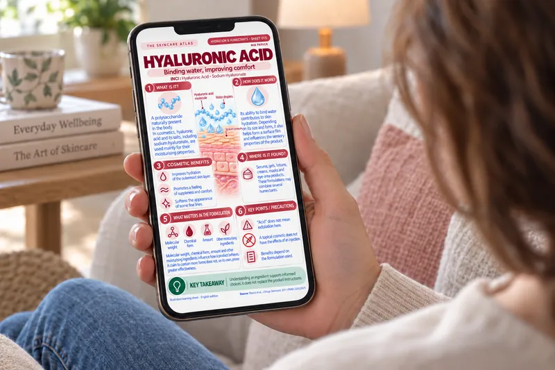 Example of use: reading the Hyaluronic Acid sheet on a phone in a salon.