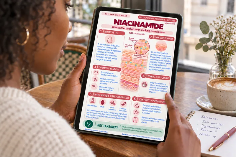 Example of use: reading the Niacinamide sheet on a tablet in a bright café.